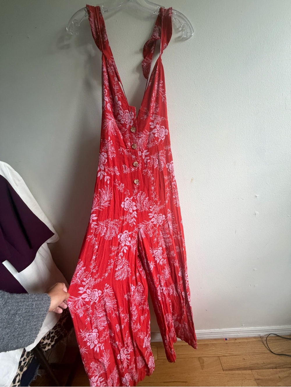Free People Red Floral Button-Front Wide-Leg Jumpsuit - Picture 3 of 7